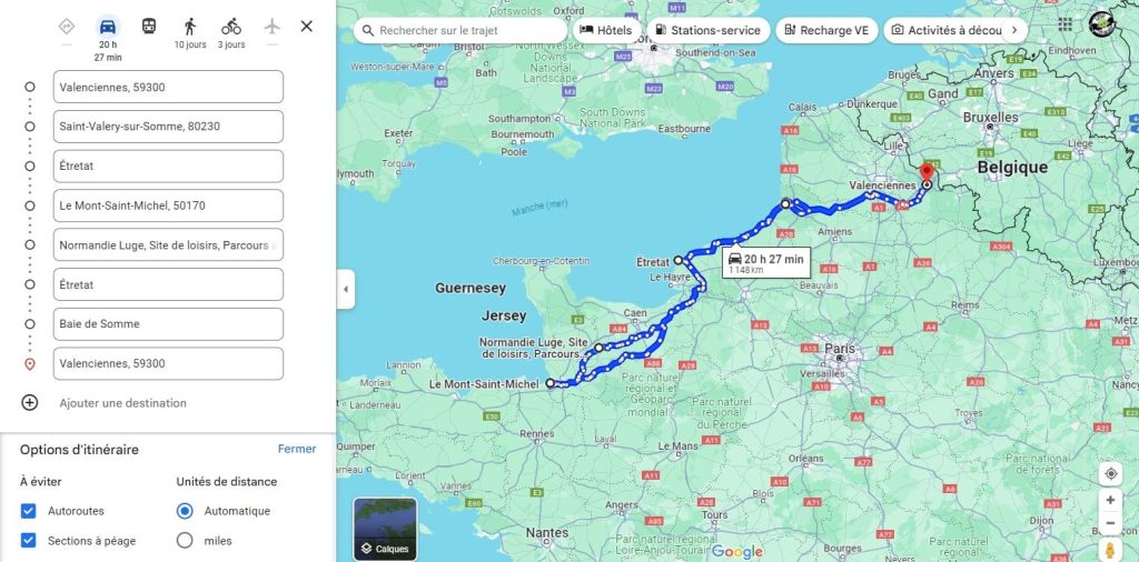 Carte du parcours du premier road trip moto père et fils – Tour de la Normandie avec arrêts à Étretat, Mont-Saint-Michel et parc de luge – 1369 km de plaisir en Suzuki GSXR 1000 K7 avec mon fils Damon, 7 ans.