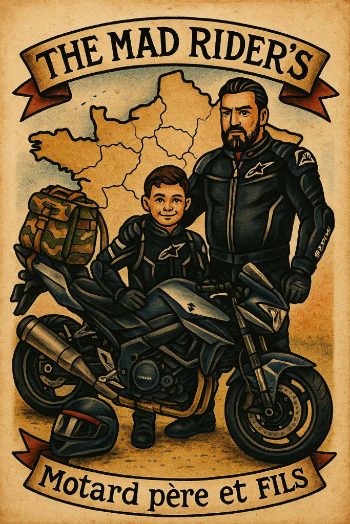 Illustration père-fils en tenue de motard – The Mad Rider’s