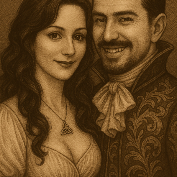 Portrait du couple ayant inspiré les personnages de Cristovald et Lydmillia, dans une version sépia dessinée à partir d’une vraie photo.