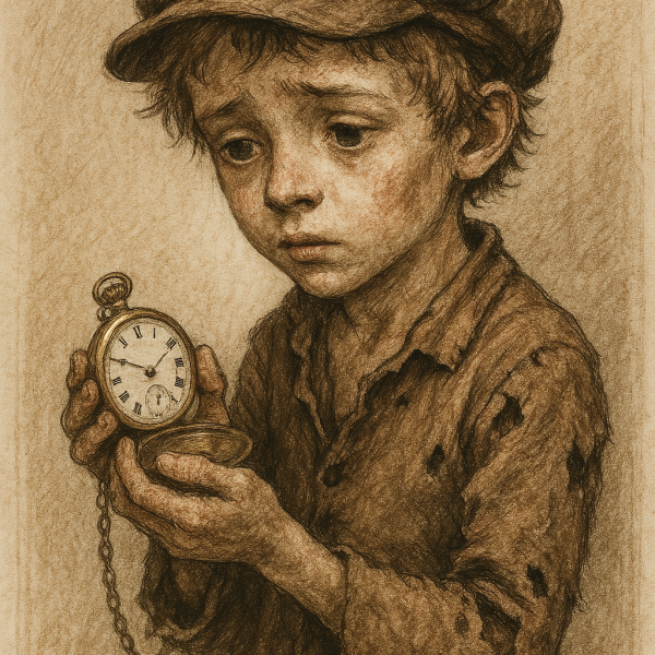 Angelio, enfant des rues tenant une montre à gousset, symbole du temps, de la mémoire et de la résilience.