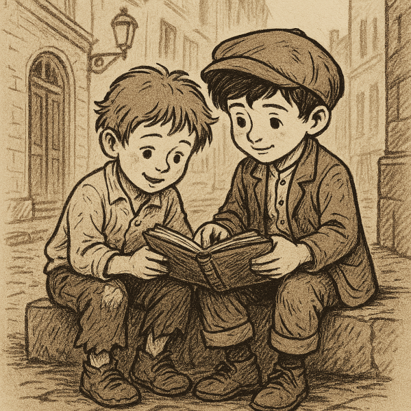 Angelio et son compagnon des rues découvrent leur premier livre, un trésor trouvé dans une poubelle, partagé au lieu d’être disputé.