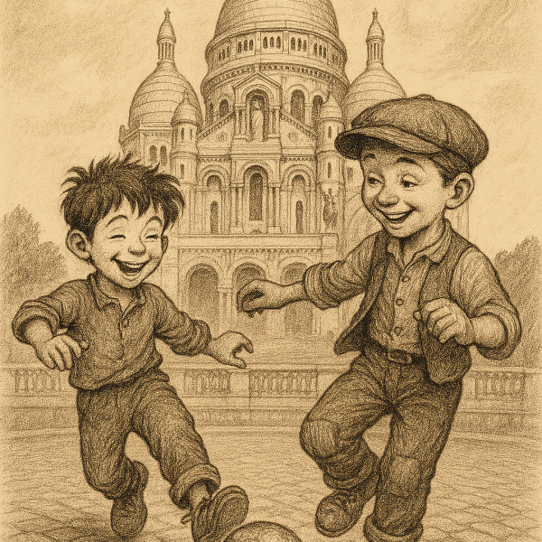 Deux enfants jouent sur les pavés parisiens, devant la basilique du Sacré-Cœur, symbole fort de la culture française.