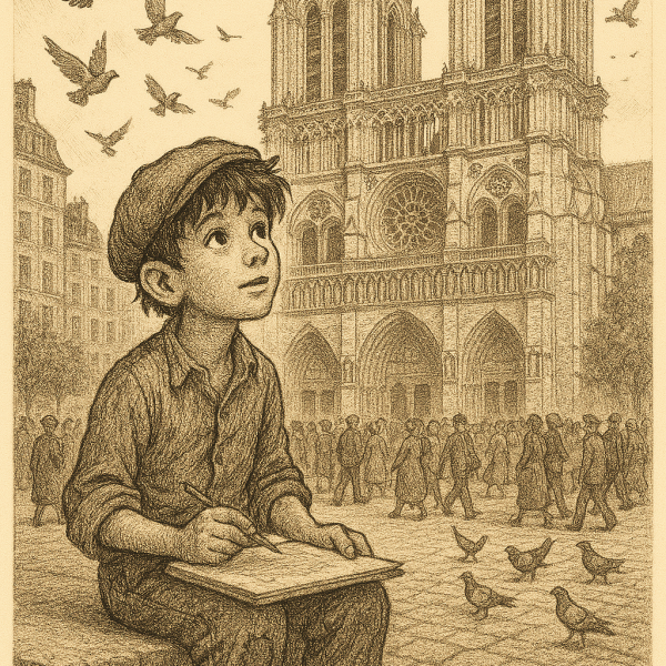 Un jeune garçon des rues assis, dessinant au sol devant Notre-Dame de Paris, entouré d’oiseaux, symbole de liberté.