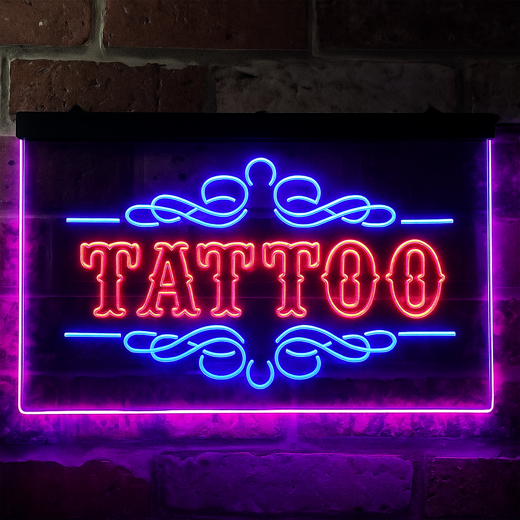 Enseigne néon rose et bleue "TATTOO" – Style rétro tatouage