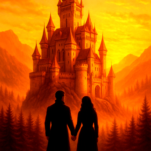Cristovald et Lydmillia s’avancent main dans la main vers un château flamboyant, reflet d’un amour maudit et éternel, inspiré de La Belle et la Bête.
