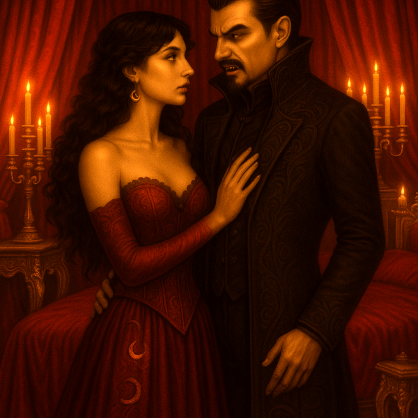 Cristovald et Lydmillia, enlacés dans l’intimité d’une chambre rouge, symbole de passion et de désir éternel, lors de leur voyage de noces en Italie.