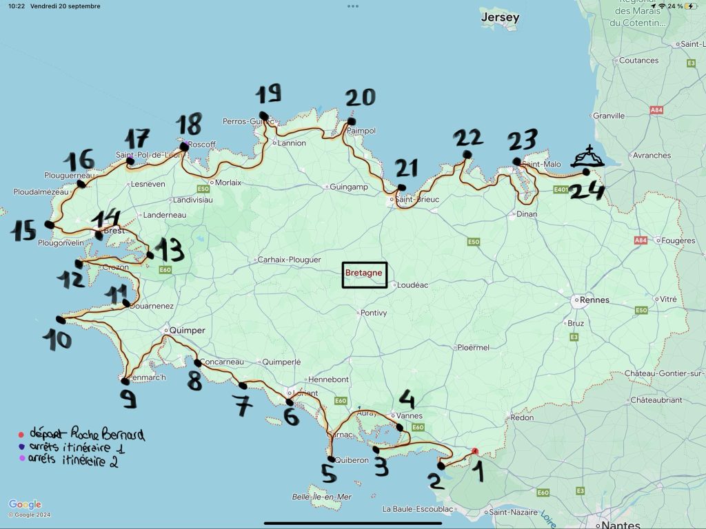 Carte de l’itinéraire du road trip moto en Bretagne avec 24 arrêts – The Mad Rider’s