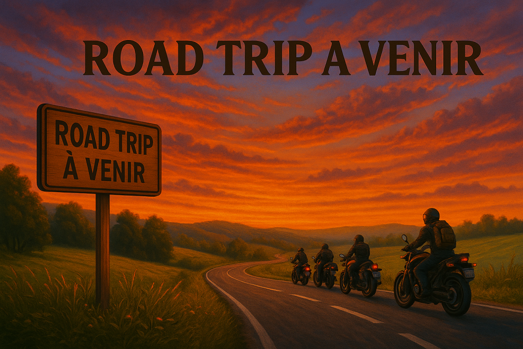 Groupe de motards sur route sinueuse au coucher de soleil – Road Trip à venir – The Mad Rider’s