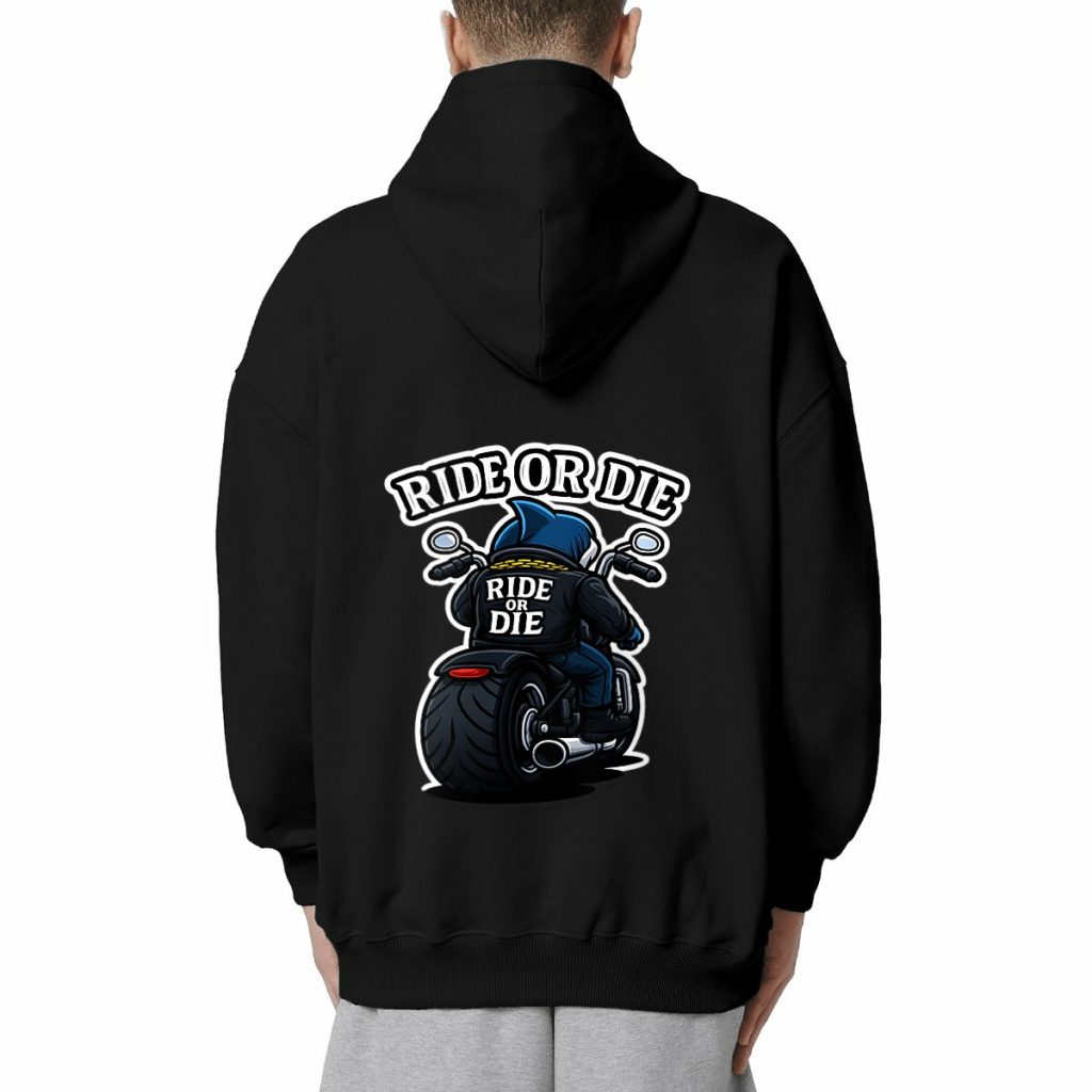 Sweat à capuche oversize noir avec logo Ride or Die dans le dos, style biker, marque Gracieux Christopher