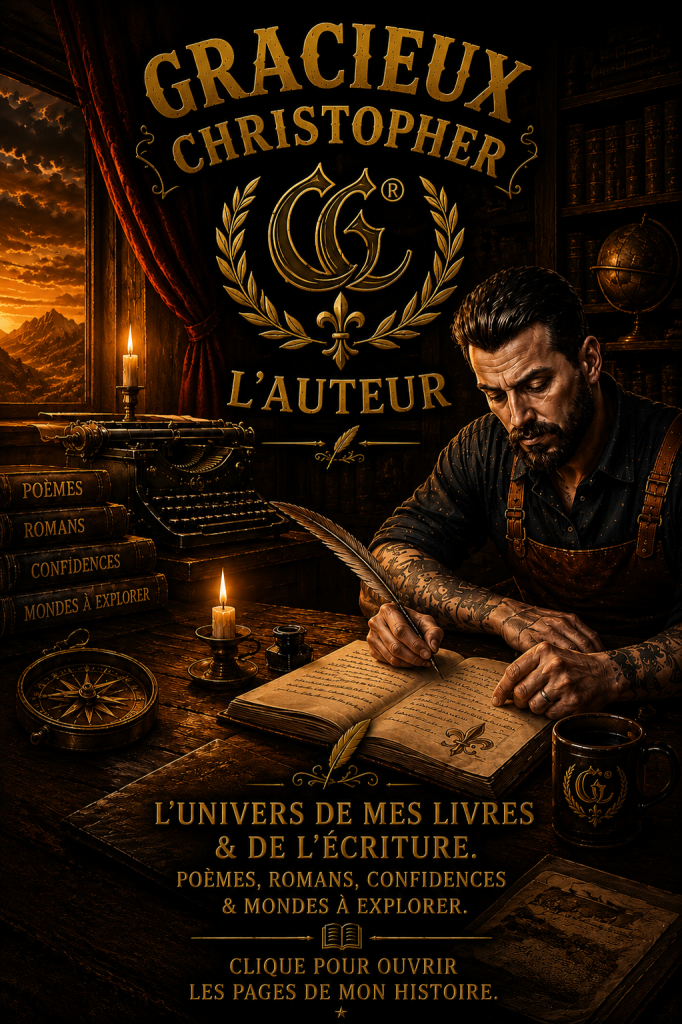 Illustration de Gracieux Christopher écrivant dans une bibliothèque ancienne, univers littéraire sombre et chaleureux autour de la poésie, des romans et de l’écriture.