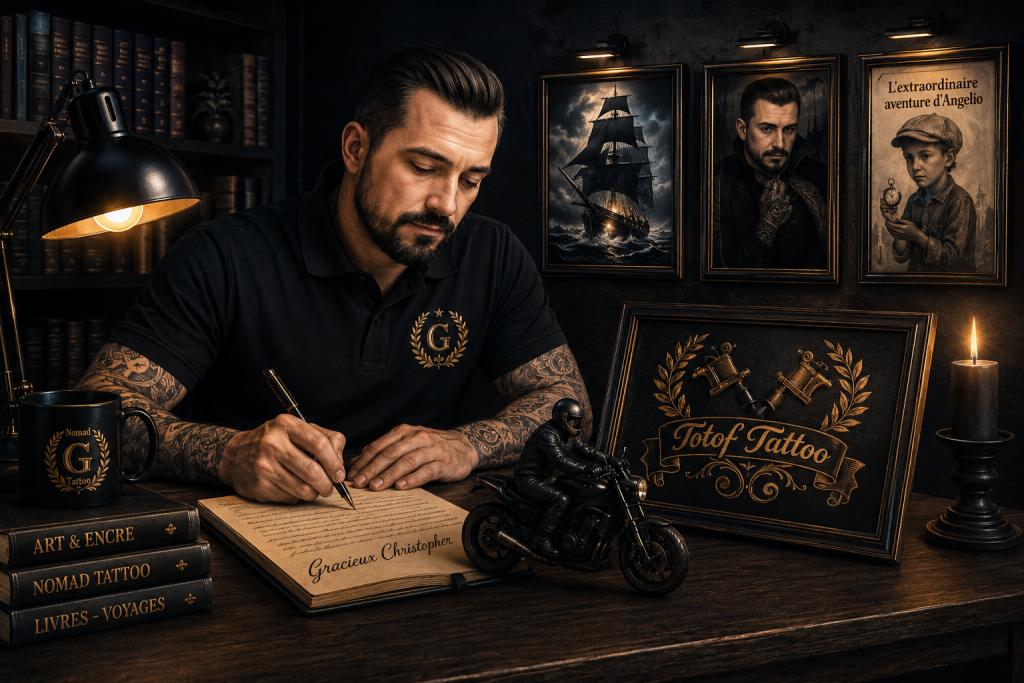 Gracieux Christopher écrivain indépendant et tatoueur nomade dans une bibliothèque sombre écrivant un livre entouré d’univers moto, tattoo et littérature.